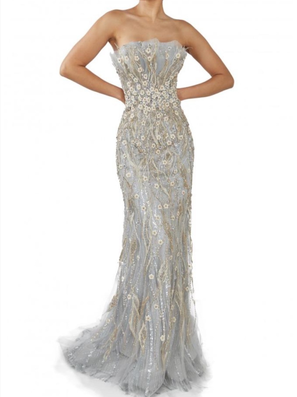 Terani Couture 242GL3248 Silver Beaded Strapless Gown with Floral Appliqué